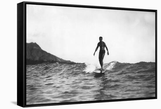 Surfing in Honolulu Hawaii Longboard Surfer Photograph - Honolulu, HI-Lantern Press-Framed Stretched Canvas