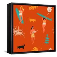 Surfing Pattern with Girls Carrying Surfboards and a Guy Playing Music-Tasiania-Framed Stretched Canvas