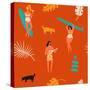 Surfing Pattern with Girls Carrying Surfboards and a Guy Playing Music-Tasiania-Stretched Canvas