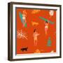 Surfing Pattern with Girls Carrying Surfboards and a Guy Playing Music-Tasiania-Framed Art Print