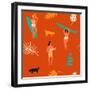 Surfing Pattern with Girls Carrying Surfboards and a Guy Playing Music-Tasiania-Framed Art Print