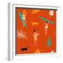 Surfing Pattern with Girls Carrying Surfboards and a Guy Playing Music-Tasiania-Framed Art Print