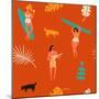 Surfing Pattern with Girls Carrying Surfboards and a Guy Playing Music-Tasiania-Mounted Art Print