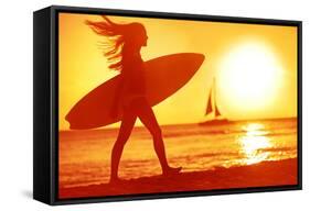 Surfing Surfer Woman Babe Beach Fun at Sunset. Girl Walking in Sunshine in Warm Evening Sun Holding-Maridav-Framed Stretched Canvas