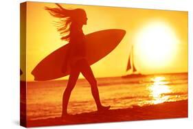 Surfing Surfer Woman Babe Beach Fun at Sunset. Girl Walking in Sunshine in Warm Evening Sun Holding-Maridav-Stretched Canvas