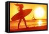 Surfing Surfer Woman Babe Beach Fun at Sunset. Girl Walking in Sunshine in Warm Evening Sun Holding-Maridav-Framed Stretched Canvas