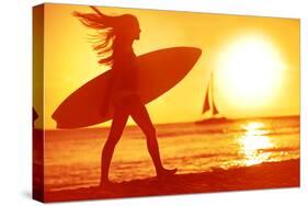 Surfing Surfer Woman Babe Beach Fun at Sunset. Girl Walking in Sunshine in Warm Evening Sun Holding-Maridav-Stretched Canvas