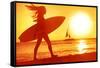 Surfing Surfer Woman Babe Beach Fun at Sunset. Girl Walking in Sunshine in Warm Evening Sun Holding-Maridav-Framed Stretched Canvas