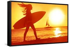 Surfing Surfer Woman Babe Beach Fun at Sunset. Girl Walking in Sunshine in Warm Evening Sun Holding-Maridav-Framed Stretched Canvas