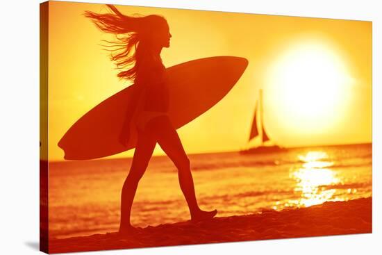 Surfing Surfer Woman Babe Beach Fun at Sunset. Girl Walking in Sunshine in Warm Evening Sun Holding-Maridav-Stretched Canvas