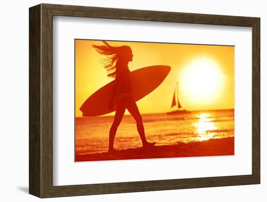 Surfing Surfer Woman Babe Beach Fun at Sunset. Girl Walking in Sunshine in Warm Evening Sun Holding-Maridav-Framed Photographic Print