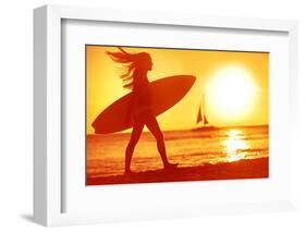 Surfing Surfer Woman Babe Beach Fun at Sunset. Girl Walking in Sunshine in Warm Evening Sun Holding-Maridav-Framed Photographic Print