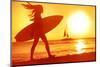 Surfing Surfer Woman Babe Beach Fun at Sunset. Girl Walking in Sunshine in Warm Evening Sun Holding-Maridav-Mounted Photographic Print