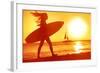 Surfing Surfer Woman Babe Beach Fun at Sunset. Girl Walking in Sunshine in Warm Evening Sun Holding-Maridav-Framed Photographic Print