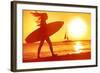 Surfing Surfer Woman Babe Beach Fun at Sunset. Girl Walking in Sunshine in Warm Evening Sun Holding-Maridav-Framed Photographic Print