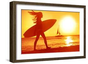 Surfing Surfer Woman Babe Beach Fun at Sunset. Girl Walking in Sunshine in Warm Evening Sun Holding-Maridav-Framed Photographic Print