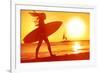Surfing Surfer Woman Babe Beach Fun at Sunset. Girl Walking in Sunshine in Warm Evening Sun Holding-Maridav-Framed Photographic Print