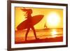 Surfing Surfer Woman Babe Beach Fun at Sunset. Girl Walking in Sunshine in Warm Evening Sun Holding-Maridav-Framed Photographic Print