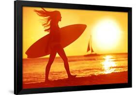 Surfing Surfer Woman Babe Beach Fun at Sunset. Girl Walking in Sunshine in Warm Evening Sun Holding-Maridav-Framed Photographic Print