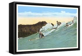 Surfing with Cliffs in Background-null-Framed Stretched Canvas