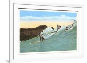 Surfing with Cliffs in Background-null-Framed Premium Giclee Print