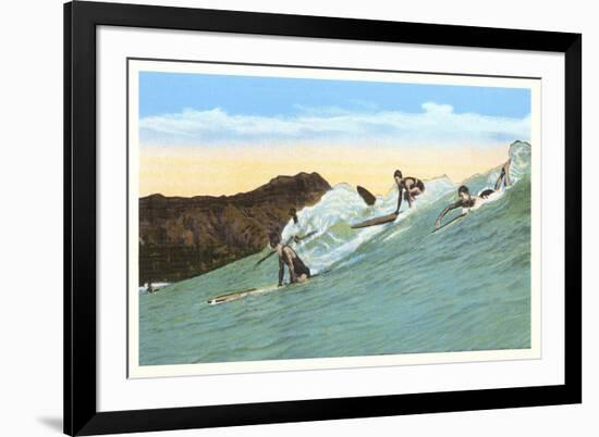 Surfing with Cliffs in Background-null-Framed Premium Giclee Print