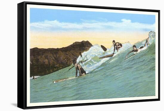 Surfing with Cliffs in Background-null-Framed Stretched Canvas