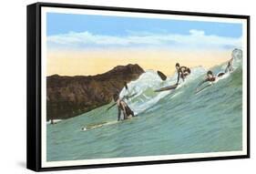 Surfing with Cliffs in Background-null-Framed Stretched Canvas