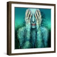 Surreal and Artistic Image of a Girl Who Covers Her Eyes with Her Hands on a Background of Trees An-Valentina Photos-Framed Photographic Print