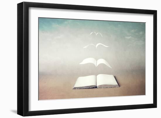 surreal book concept pages flying out of book-Francesco Chiesa-Framed Art Print