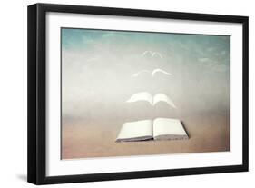 surreal book concept pages flying out of book-Francesco Chiesa-Framed Art Print