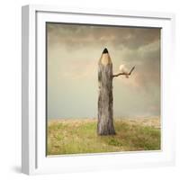 Surreal Illustration Imagine Representing a Pencil like a Tree with a Dove under a Branch with a Be-Valentina Photos-Framed Art Print