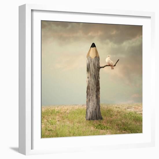 Surreal Illustration Imagine Representing a Pencil like a Tree with a Dove under a Branch with a Be-Valentina Photos-Framed Art Print