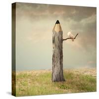 Surreal Illustration Imagine Representing a Pencil like a Tree with a Dove under a Branch with a Be-Valentina Photos-Stretched Canvas