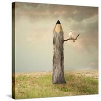 Surreal Illustration Imagine Representing a Pencil like a Tree with a Dove under a Branch with a Be-Valentina Photos-Stretched Canvas