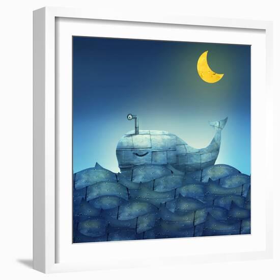 Surreal Illustration of a Mechanical Whale, like Submarine, in the Ocean with a Half Moon-Valentina Photos-Framed Art Print