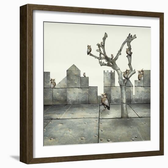 Surreal Illustration of Many Small Mechanical Owls on a Tree and Scattered in a Mechanic Landscape-Valentina Photos-Framed Art Print