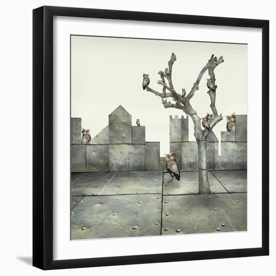 Surreal Illustration of Many Small Mechanical Owls on a Tree and Scattered in a Mechanic Landscape-Valentina Photos-Framed Art Print