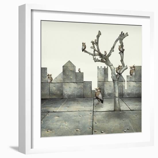 Surreal Illustration of Many Small Mechanical Owls on a Tree and Scattered in a Mechanic Landscape-Valentina Photos-Framed Art Print