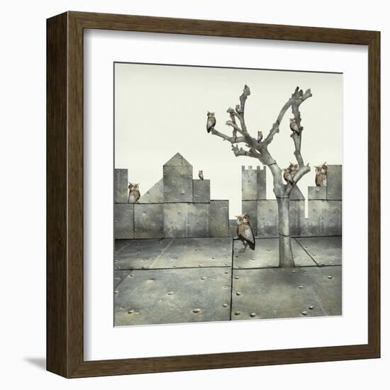 Surreal Illustration of Many Small Mechanical Owls on a Tree and Scattered in a Mechanic Landscape-Valentina Photos-Framed Art Print