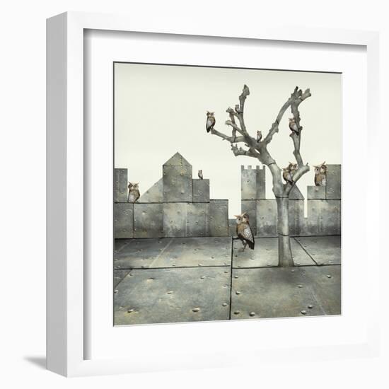 Surreal Illustration of Many Small Mechanical Owls on a Tree and Scattered in a Mechanic Landscape-Valentina Photos-Framed Art Print