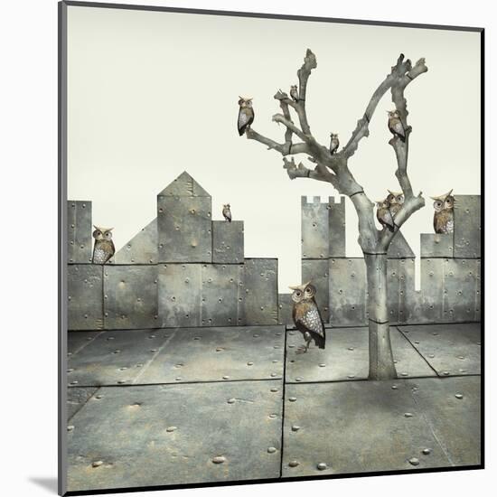 Surreal Illustration of Many Small Mechanical Owls on a Tree and Scattered in a Mechanic Landscape-Valentina Photos-Mounted Art Print