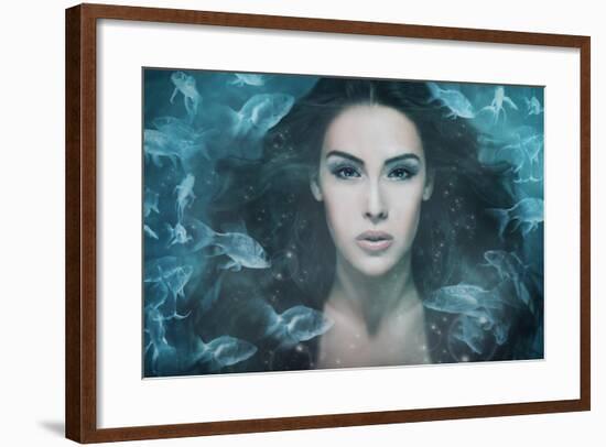 Surreal Mermaid Woman Portrait Surrounded by Fishes, Composite Photo-coka-Framed Photographic Print