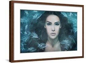 Surreal Mermaid Woman Portrait Surrounded by Fishes, Composite Photo-coka-Framed Photographic Print