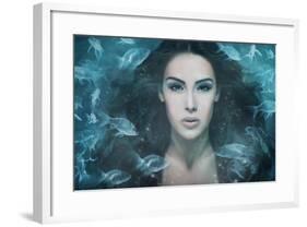 Surreal Mermaid Woman Portrait Surrounded by Fishes, Composite Photo-coka-Framed Photographic Print