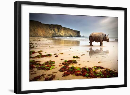 Surreal Scene of a Big Rhinoceros in an Empty Beach-Carlos Caetano-Framed Photographic Print