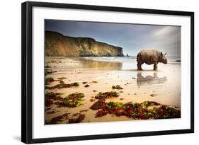 Surreal Scene of a Big Rhinoceros in an Empty Beach-Carlos Caetano-Framed Photographic Print