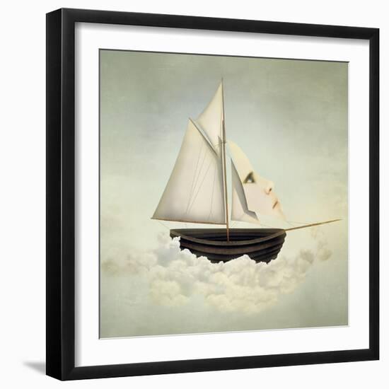 Surreal Vessel above the Clouds with Full Sail and a Sail with a Female Face-Valentina Photos-Framed Art Print