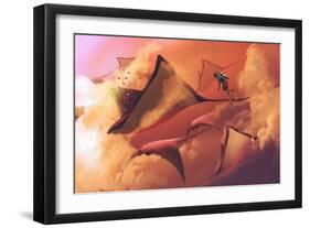 Surreal World Concept Showing Diver and Manta Rays Flying in the Cloudy Sky,Illustration Painting-Tithi Luadthong-Framed Art Print