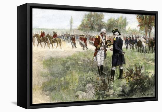 Surrender of British Commander Burgoyne to American General Gates at Saratoga, New York, c.1777-null-Framed Stretched Canvas